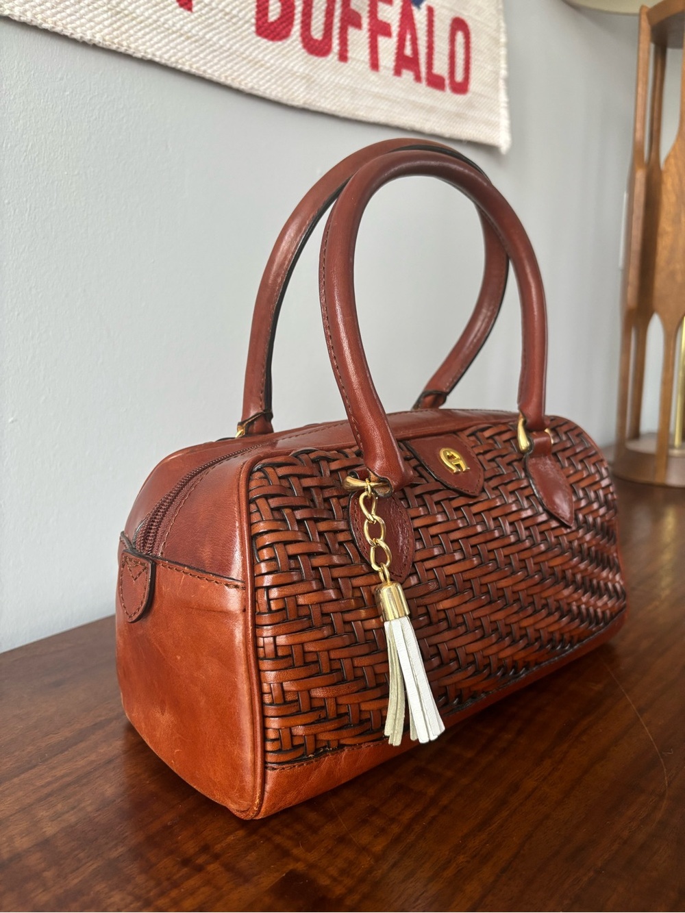 Etienne Aigner Brown Woven Leather Shoulder Bag Two Handle Tassel Charm - Picture 2 of 8